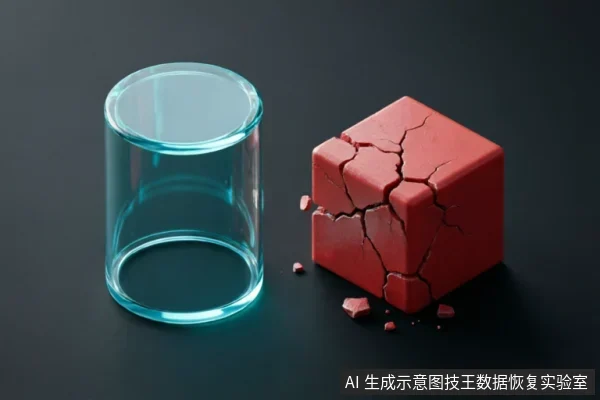 画面左侧为一个完好透明的圆柱形玻璃容器,右侧是一个表面布满裂纹且正在崩解破碎的红色立方体。两者并置于深色背景上,通过完整与破碎的强烈视觉对比,隐喻存储介质在故障下的物理脆弱性及数据面临的严重风险。