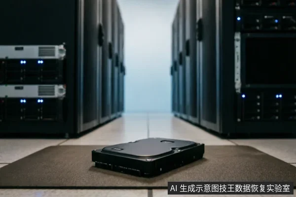 画面展示了一块黑色的机械硬盘静置于数据中心服务器机房的地面垫子上，背景为排列整齐且亮着指示灯的服务器机柜。图像通过宏大的存储环境衬托单块硬盘，象征数据恢复的专业场景与原始介质的保护。