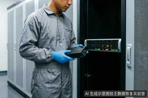 一名身穿灰色防静电工作服、佩戴蓝色手套的技术人员,正手持黑色检测仪器在服务器机柜前进行专业评估。背景为整齐的数据中心设备,展现了严谨规范的专业硬件检测环境。