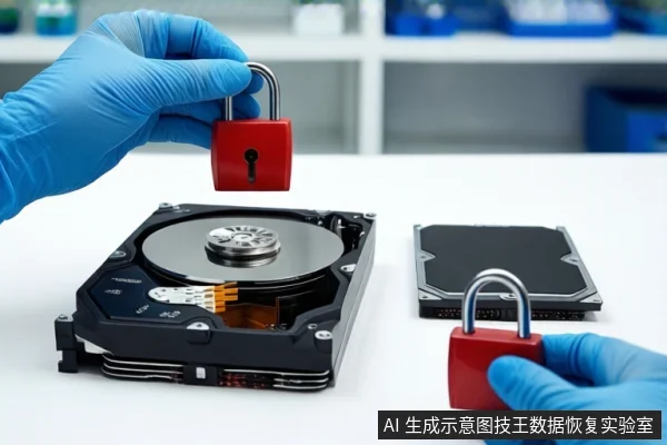 白色桌面上,左侧平放一块打开外壳的机械硬盘,右侧平放一块黑色固态硬盘。前景一双戴蓝色手套的手持红色挂锁悬停在硬盘上方。