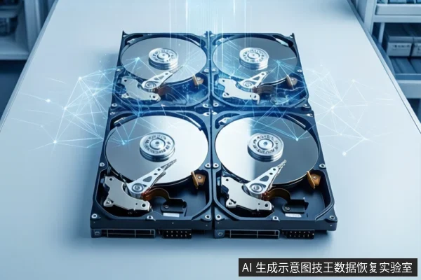 白色桌面上平放四块打开外壳的机械硬盘，呈2x2排列，可见盘片与磁头臂，周围有蓝色网络光效。
