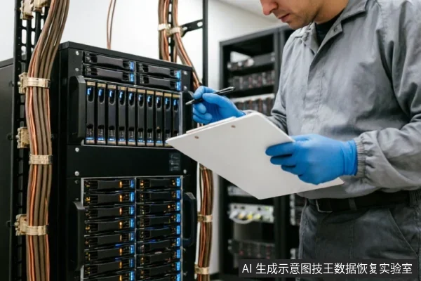 一名身穿灰色工作服、佩戴蓝色防静电手套的技术人员站在服务器机柜前,手持剪贴板和笔,正在仔细检查并记录机架式存储设备的状态。