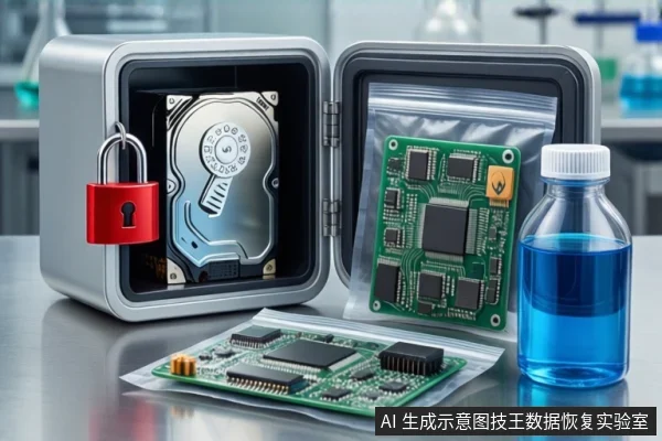 白色防静电工作台上,左侧放置一个挂有红色挂锁的银色金属防震箱,箱内可见一块机械硬盘。中间透明防静电袋中装有一块绿色芯片电路板,右侧放置一个装有蓝色液体的透明小瓶。前景平放另一块绿色电路板。