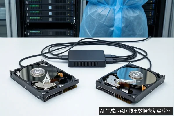 白色桌面上平放两块打开外壳的机械硬盘,中间通过黑色线缆连接至一个黑色接口盒,背景为服务器机柜和蓝色防尘袋。