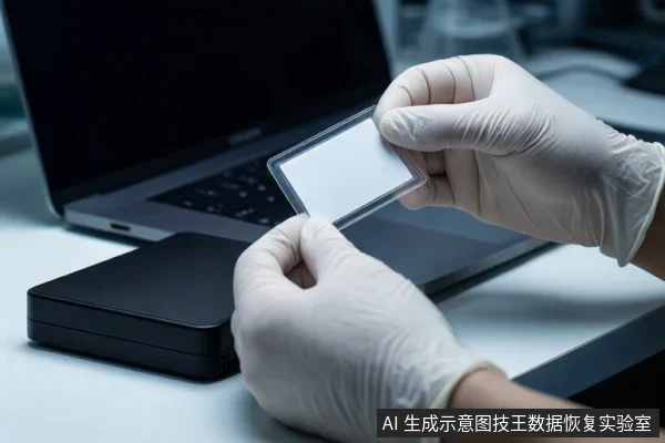 白色桌面上,一双戴白手套的手持握一张透明卡片,背景有一台笔记本电脑和一个黑色外接硬盘盒。