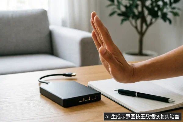 一只手掌在木质桌面上做出明确的停止手势，示意拒绝或暂停。前景放置着一个连接了数据线的黑色移动硬盘盒以及一本摊开的笔记本和一支笔，背景为模糊的室内家居环境。