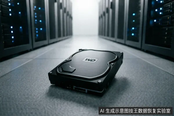 一块带有WD标志的黑色机械硬盘放置在数据中心服务器机房的灰色地板上,背景是两排亮着蓝色指示灯的服务器机柜,景深虚化突出了前景的存储设备。