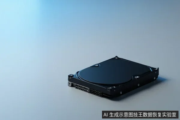 浅蓝渐变背景上放置一块黑色机械硬盘,可见接口与固定螺丝,无操作动作。
