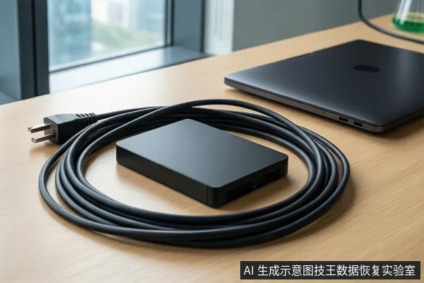 木质桌面上平放一个黑色移动硬盘,周围盘绕着黑色电源线,左侧是电源插头,右后方是一台闭合的黑色笔记本电脑。背景为模糊的窗户。