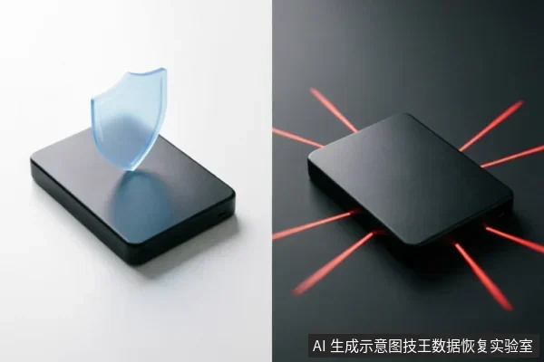 图片分为左右两部分。左侧展示一个黑色硬盘上方悬浮着蓝色盾牌,象征数据安全保护;右侧展示同一硬盘被多道红色激光束从四周射向中心,象征设备故障、数据风险或禁止写入的警示状态。