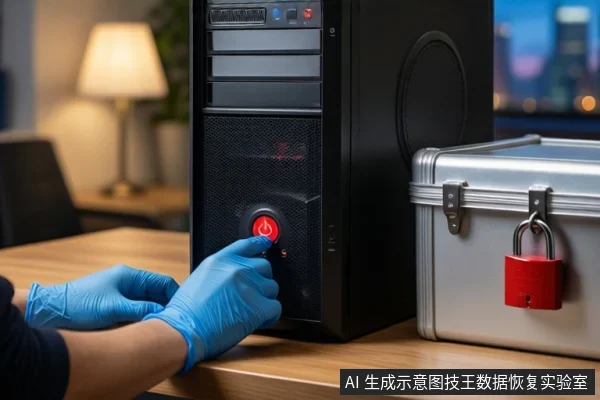 木质桌面上,戴蓝色手套的双手正按压黑色塔式主机正面的红色电源按钮,右侧为挂有红色挂锁的银色金属防震箱,背景为模糊的室内台灯。