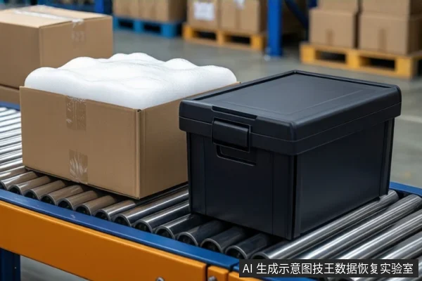 仓库传送带场景中,左侧是一个装有白色泡沫的纸箱,右侧是一个闭合的黑色防震箱。背景可见堆叠的纸箱和货架。