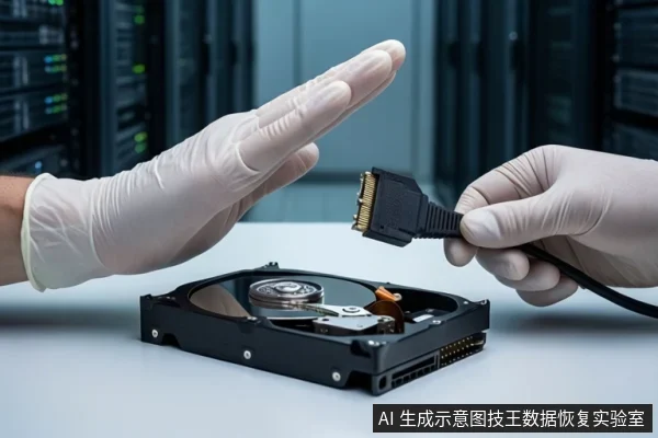 白色桌面上平放一块打开外壳的机械硬盘,可见盘片与磁头组件。左侧一只戴白色手套的手做出停止手势,右侧一只戴白色手套的手握持一个黑色SATA接口插头,悬停在硬盘上方。背景为模糊的服务器机柜。