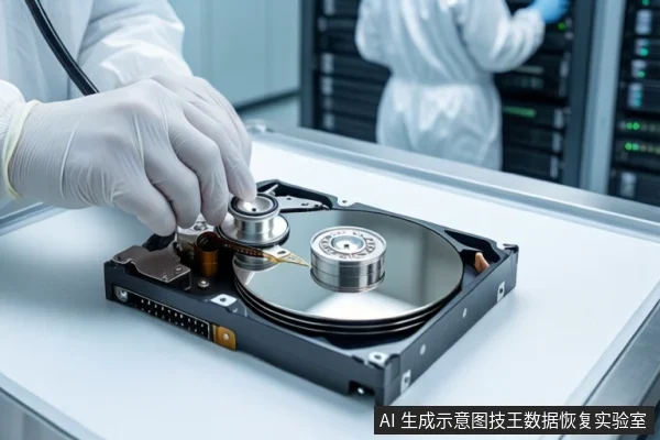 洁净室白色桌面上，前景平放一块打开外壳的机械硬盘，露出盘片与磁头组件。左侧一双戴白手套的手持一个圆形金属磁头组件悬停在硬盘上方。背景中一名穿无尘服的技术人员站在服务器机柜旁。