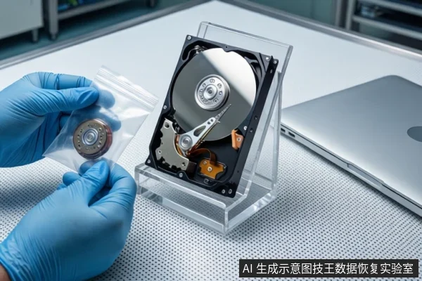 白色防静电工作台上,中间透明底座上竖立一块打开外壳的机械硬盘,可见盘片、主轴和磁头组件。左侧一双戴蓝色手套的手正持握一个透明防静电袋,袋中装有一个圆形磁头组件。右侧是一台银色笔记本电脑。