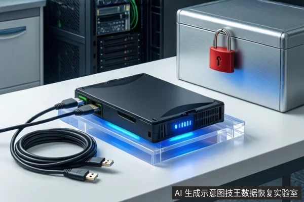 白色桌面上,黑色硬盘盒置于透明底座上,连接两根USB线,右侧为挂有红色挂锁的银色金属防震箱,背景可见服务器机柜。
