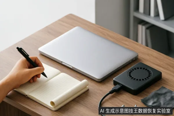 木质桌面上放置着一台闭合的银色笔记本电脑和一个连接着数据线的黑色外接硬盘盒。前景中一只手正握笔在打开的记事本上书写记录,旁边散落着两颗螺丝和一块清洁布,示意在设备故障时记录状态并准备专业检测的场景。