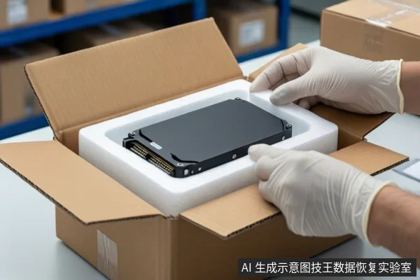 仓库环境中,白色桌面上放置一个打开的棕色纸箱,箱内为白色防震泡沫。一双戴白色手套的手正扶握一块黑色硬盘,准备放入泡沫中。背景可见货架和堆叠的纸箱。
