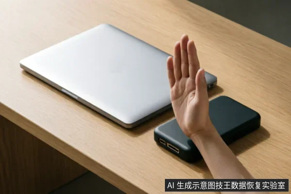 木质桌面上放置着一台银色笔记本电脑和一个黑色移动硬盘,一只手伸向设备并张开手掌做出明确的停止手势,示意立即中断操作。