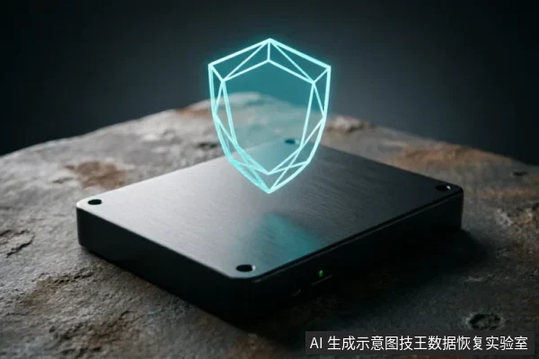一个黑色的矩形外置硬盘盒放置在粗糙的岩石表面上,设备上方悬浮着一个发光的青色几何线框盾牌全息投影,象征数据安全防护。