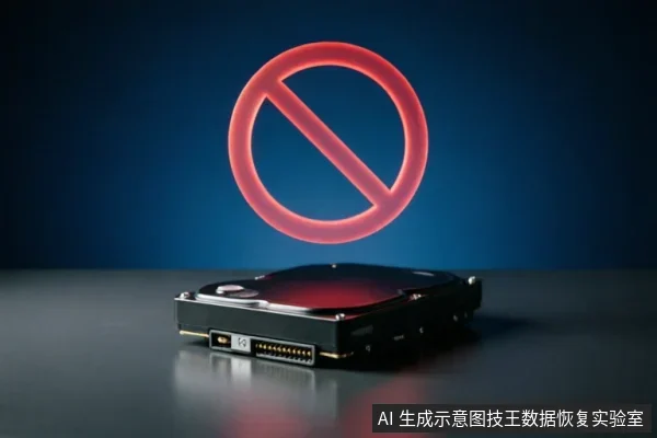 画面展示了一块平放在深色桌面上的机械硬盘,其正上方悬浮着一个发光的红色禁止符号(圆圈加斜杠)。背景为深蓝色渐变,整体营造出警示与停止操作的氛围。