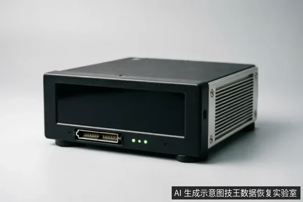 一台黑色的专业存储设备,侧面带有金属散热鳍片,正面可见一个多针脚接口和三个亮起的绿色指示灯,外观类似数据恢复专用的只读锁或硬件检测盒。
