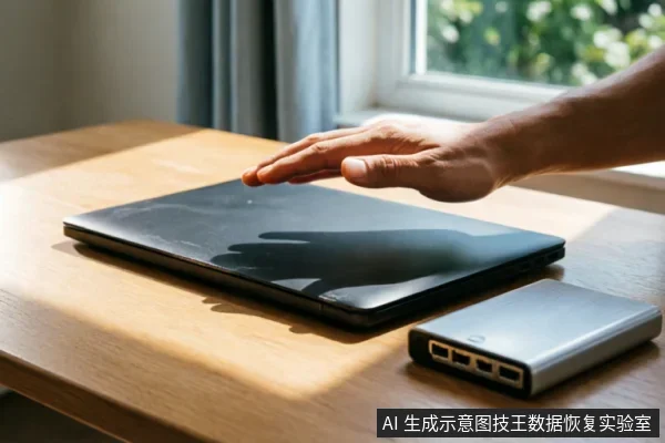 阳光照射下的木质桌面上放置着一台闭合的黑色笔记本电脑,旁边有一个银色多接口扩展坞。一只手悬停在笔记本上方,投下清晰的阴影,示意停止操作或保护设备的状态。