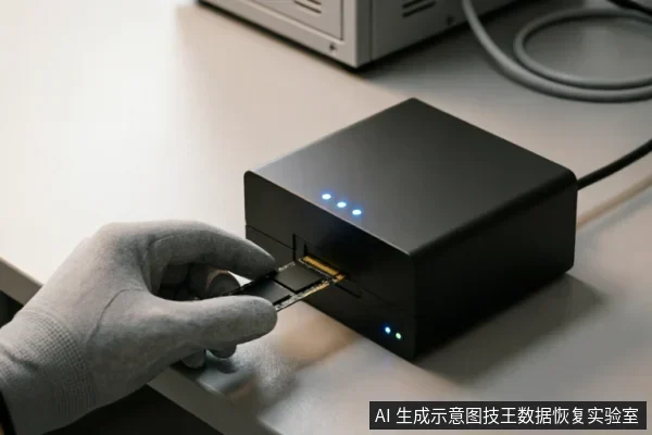 一只戴着灰色防静电手套的手正将一块M.2固态硬盘插入黑色的专业只读写入锁设备中。设备面板亮着蓝色指示灯，背景为简洁的桌面环境，展示了数据恢复前的硬件接入与镜像备份准备过程。