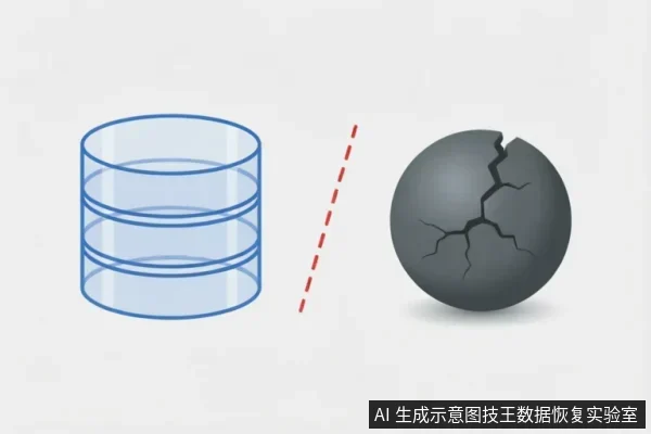 左侧为蓝色的圆柱形数据库图标,右侧为一个表面布满裂纹的深灰色球体,中间由红色虚线分隔。该图通过符号对比,直观展示了逻辑数据与物理介质损坏之间的界限。