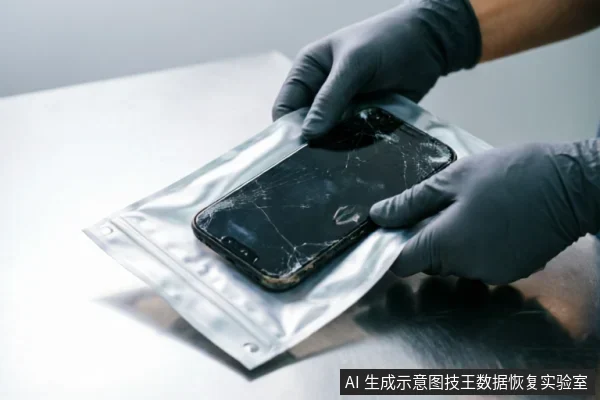 戴着灰色防静电手套的双手正将一部屏幕严重碎裂的手机放入银色防静电屏蔽袋中，置于金属台面上，展示设备受损后的隔离保护与防静电处理过程。