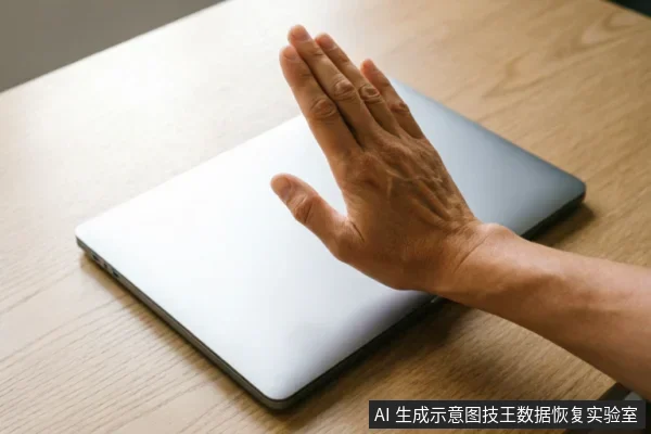 一只成年人的手悬停在一台闭合的银灰色笔记本电脑上方,手掌张开,做出明显的拒绝或停止手势。背景为干净的木纹桌面,画面中无其他杂物或文字,主体清晰完整。