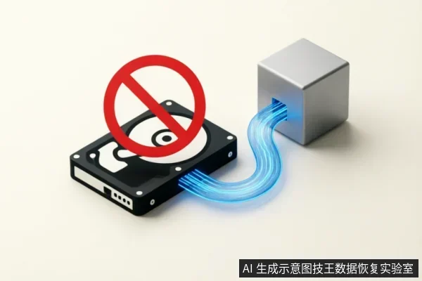 画面展示了一个带有禁止符号的机械硬盘,一条发光的蓝色数据流正从硬盘流向右侧的一个银色立方体设备。该图像直观地表达了在数据恢复或故障排查中,严禁将数据写入原硬盘,应使用外部独立设备进行存储或读取的安全原则。