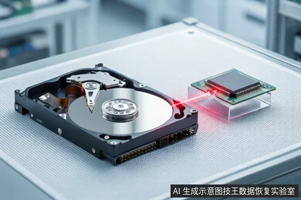 白色防静电工作台上，左侧平放一块打开外壳的机械硬盘，右侧透明底座上竖立一块芯片，两者之间有红色光束连接，背景为模糊的实验室环境。
