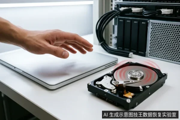 白色桌面上放置着一台闭合的银色笔记本电脑和一个打开外壳、盘片正在旋转的机械硬盘。背景可见服务器机架及连接线缆,一只手悬停在笔记本上方,呈现数据恢复或硬件检测场景。