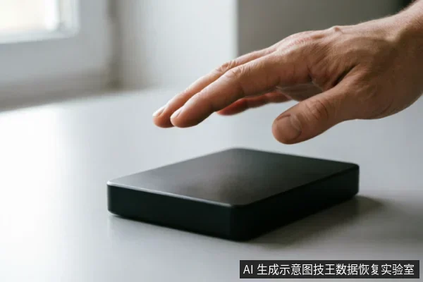 一只悬停在黑色外接硬盘盒上方的手，示意在设备故障时保持距离、停止操作。画面强调在数据恢复前避免触碰或通电，以防止对原始介质造成二次损伤。