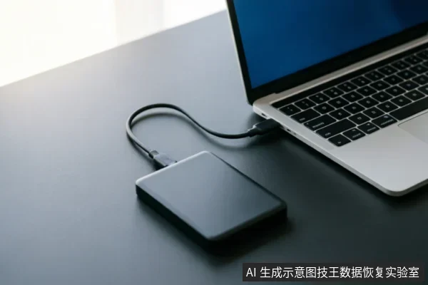 一台银色笔记本电脑通过黑色数据线连接着一个黑色的移动硬盘，设备放置在深色桌面上，屏幕显示蓝色背景。
