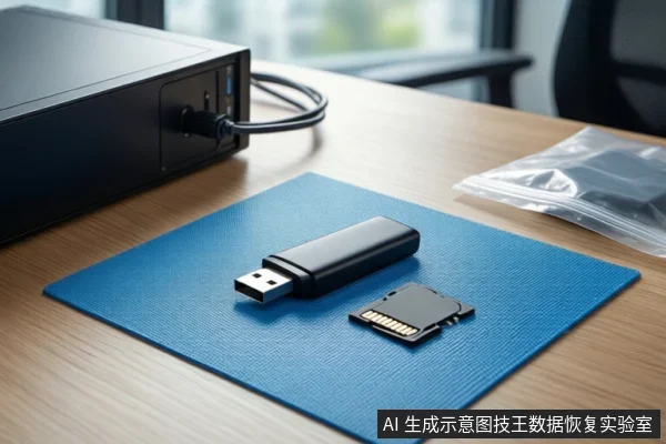 木质桌面上铺着蓝色防静电垫,垫子上平放一个黑色U盘和一张SD存储卡。左侧有一台黑色台式主机,后部连接着黑色线缆,右侧放置一个透明防静电袋。