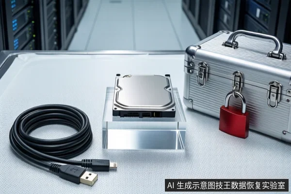 白色防静电工作台上，左侧盘绕着一根黑色USB线缆，中间透明底座上平放一块闭合的机械硬盘，右侧为挂有红色挂锁的银色金属防震箱，背景可见服务器机柜。