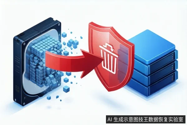 Open hard drive with blue cubes, red arrow to trash shield, and stacked blue drives.