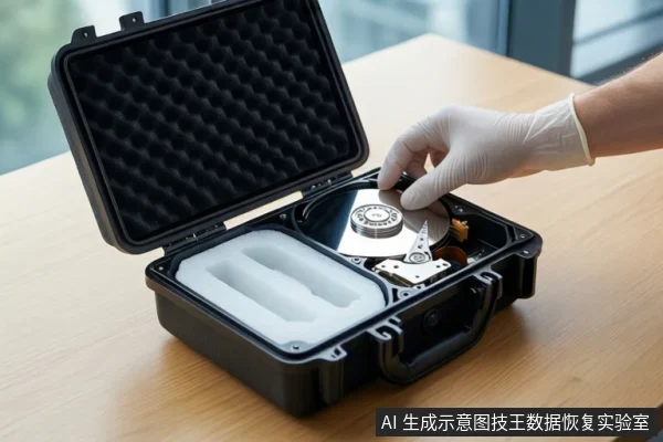 木质桌面上放置一个打开的黑色防震箱,箱内左侧为白色泡沫,右侧平放一块打开外壳的机械硬盘。右侧一只戴白色手套的手正触摸硬盘的盘片表面。背景为模糊的窗户。