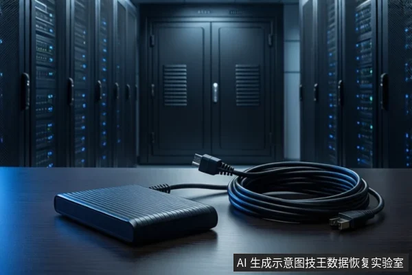 深色桌面上平放一个黑色外接硬盘盒,右侧盘绕着一根黑色USB线缆,两端接头清晰可见。背景为模糊的服务器机柜和双开门。
