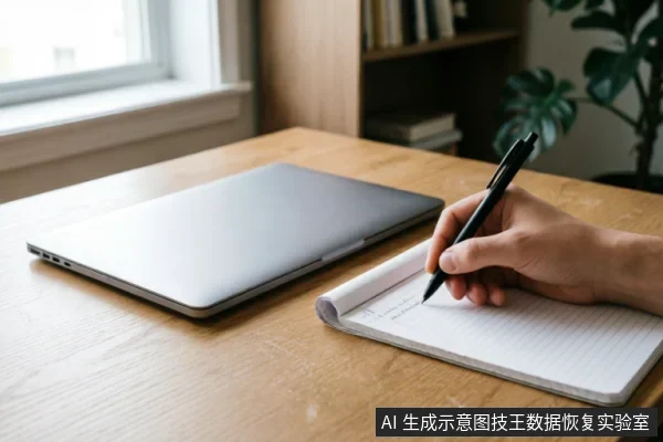 画面展示了一只手正握笔在摊开的横线笔记本上记录信息,旁边放置着一台闭合的银灰色笔记本电脑。背景为木质桌面、书架及绿植,光线明亮,呈现出办公或记录场景。