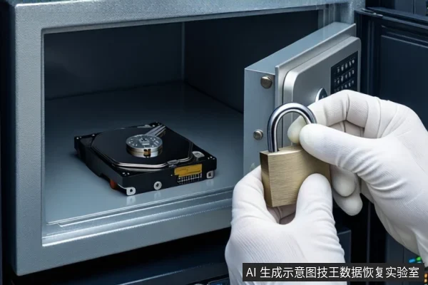 服务器机房金属台面上,一个打开的灰色保险柜内平放着一块裸露的机械硬盘。前景中,一双戴白色手套的手正握持一把黄铜色挂锁,对准保险柜门上的锁孔。