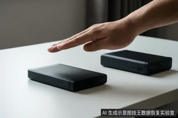 白色桌面上放置着两个黑色的移动硬盘设备,一只成年人的手悬停在设备上方,手指伸展,背景为模糊的室内环境。