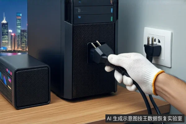 戴白手套的手持黑色三脚电源插头，正对准黑色塔式主机背面的电源接口。桌面上平放一个黑色外接硬盘盒，背景为城市夜景。