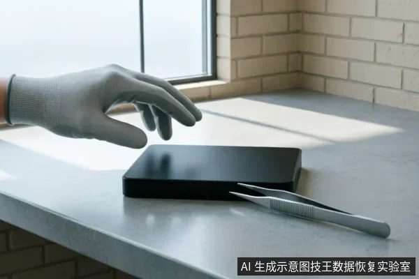 一只戴着灰色防静电手套的手悬停在黑色移动硬盘上方，旁边台面上放着一把金属镊子。背景为窗边砖墙，光线明亮，展示了数据恢复或硬件检测环境中的基础操作场景。