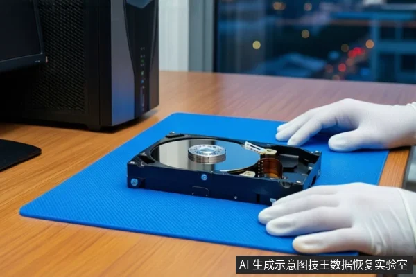 木质桌面上铺着蓝色防静电垫,垫子上平放一块打开外壳的机械硬盘,露出盘片与磁头组件。一双戴白色手套的手平放在垫子两侧。左后方是一台黑色台式主机,背景为模糊的窗户和城市夜景。
