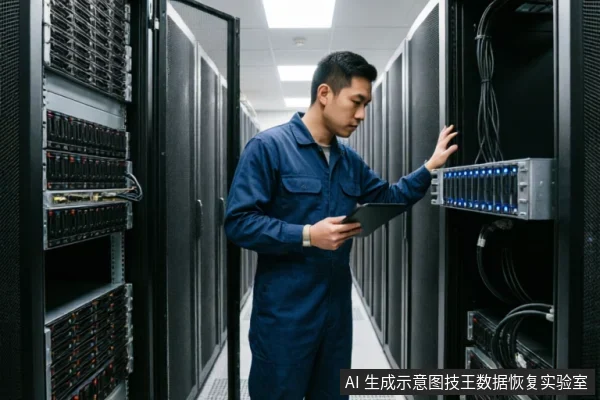 一名身穿蓝色工装的技术人员站在数据中心服务器机柜前,手持平板电脑正在检查带有蓝色指示灯的存储设备。画面展示了专业机房环境下的硬件检测与运维场景。