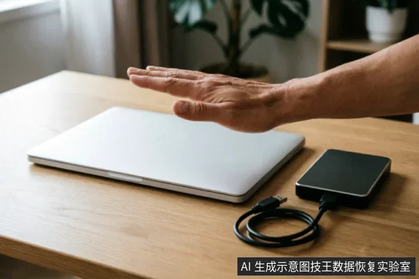 木质桌面上放置着一台闭合的银色笔记本电脑,旁边连接着一个黑色外接移动硬盘。一只成年人的手悬停在设备上方,掌心向下做出停止或隔绝的手势,示意保持静止、不要进行任何操作。