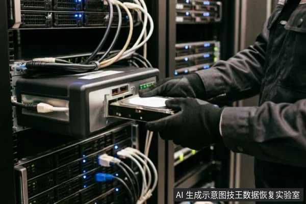 一名身穿深色工作服并佩戴防静电手套的技术人员,正在将一块机械硬盘插入机架式服务器的专用读取设备中。背景可见密集的服务器机柜与连接线缆,展示了专业数据恢复实验室中使用硬件设备进行只读提取的操作场景。
